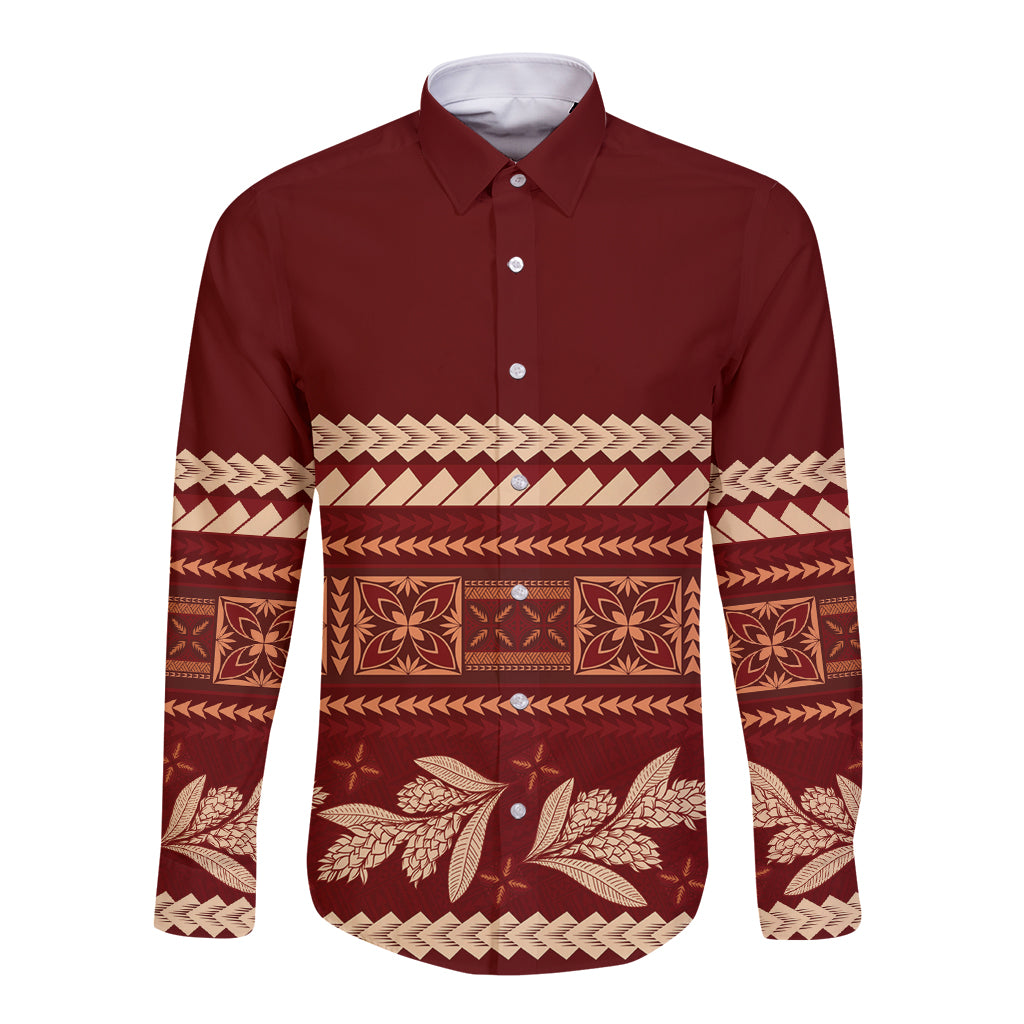 Red Samoa Siapo Teuila Flowers Long Sleeve Button Shirt LT14 Unisex Red - Polynesian Pride