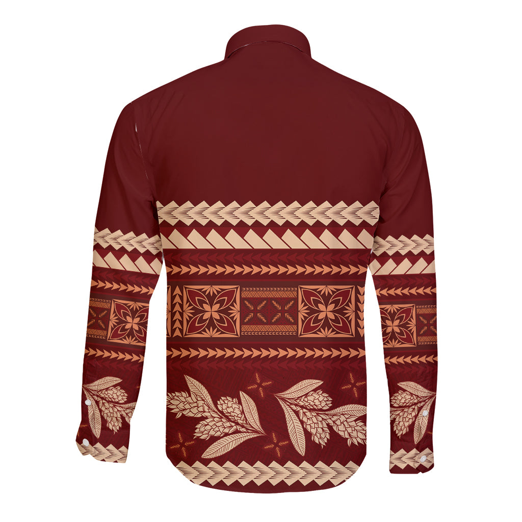 Red Samoa Siapo Teuila Flowers Long Sleeve Button Shirt LT14 - Polynesian Pride