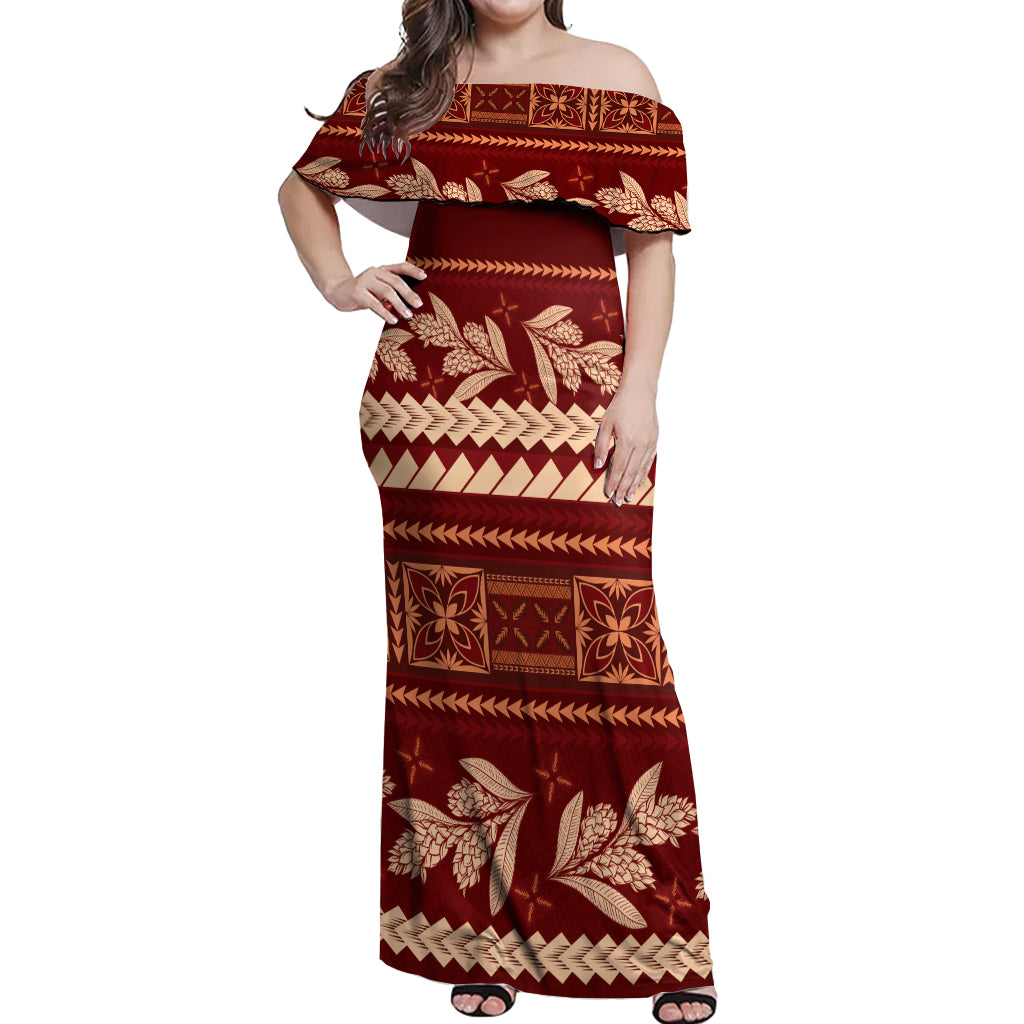 Red Samoa Siapo Teuila Flowers Off Shoulder Maxi Dress LT14 Women Red - Polynesian Pride