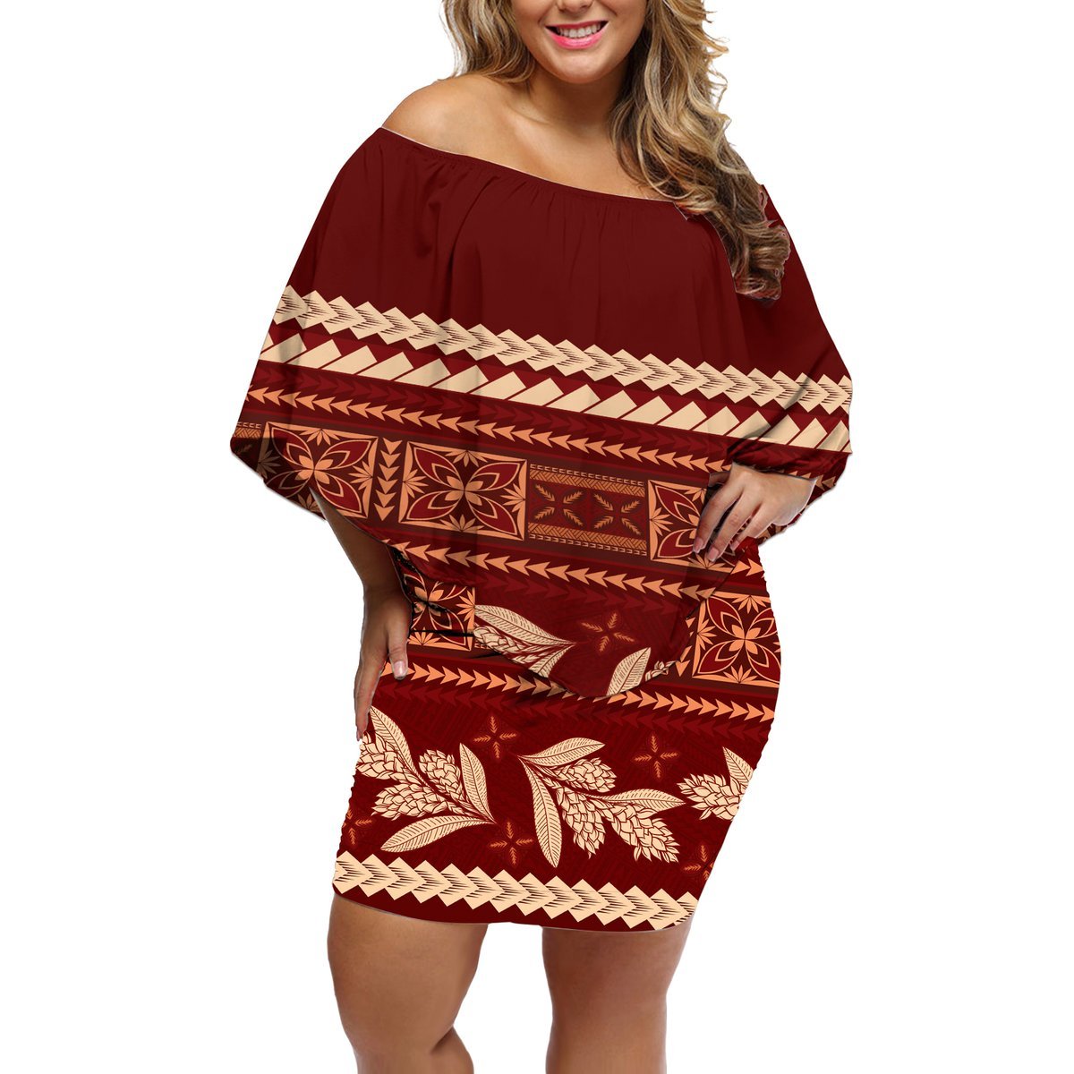 Red Samoa Siapo Teuila Flowers Off Shoulder Short Dress LT14 Women Red - Polynesian Pride