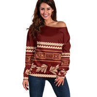 Red Samoa Siapo Teuila Flowers Off Shoulder Sweater LT14 Women Red - Polynesian Pride