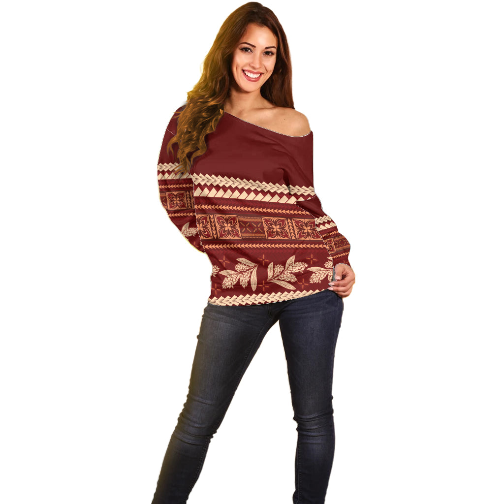 Red Samoa Siapo Teuila Flowers Off Shoulder Sweater LT14 - Polynesian Pride