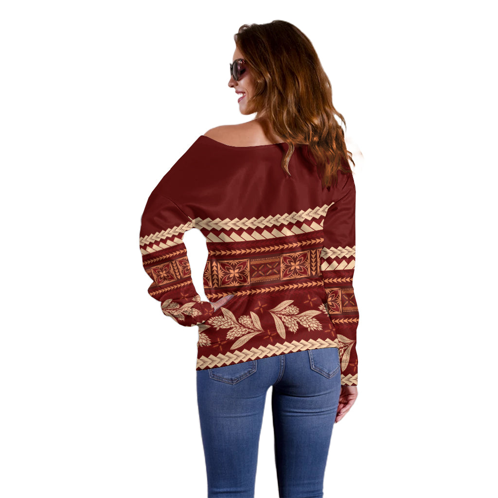 Red Samoa Siapo Teuila Flowers Off Shoulder Sweater LT14 - Polynesian Pride