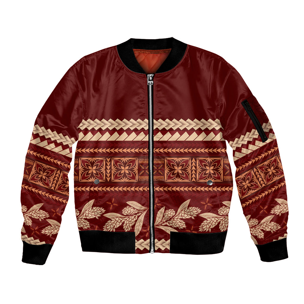 Red Samoa Siapo Teuila Flowers Sleeve Zip Bomber Jacket LT14 Unisex Red - Polynesian Pride