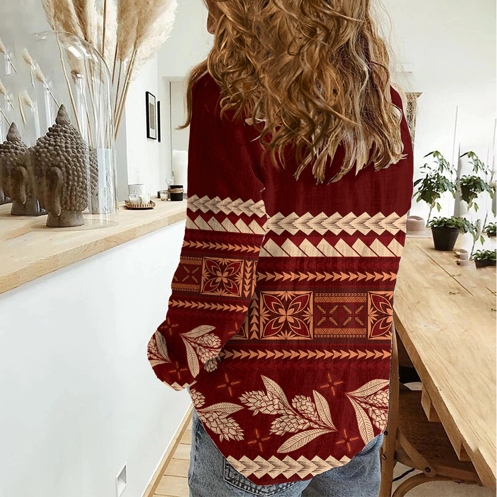 Red Samoa Siapo Teuila Flowers Women Casual Shirt LT14 - Polynesian Pride