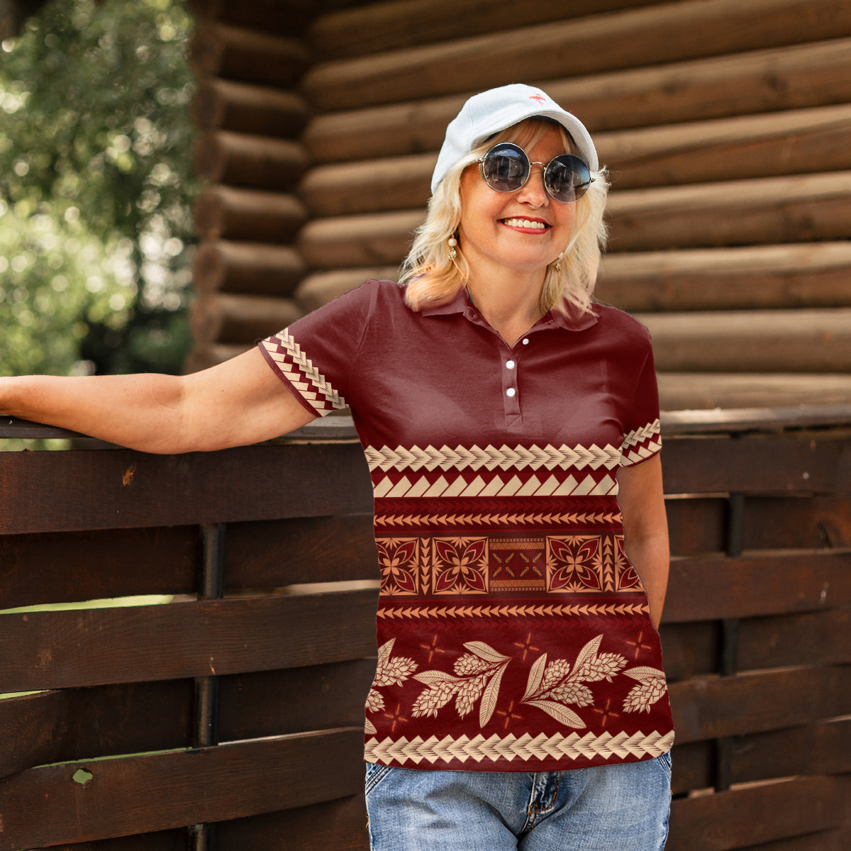 Red Samoa Siapo Teuila Flowers Women Polo Shirt LT14 - Polynesian Pride