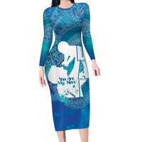 Turquoise Polynesia Father's Day Long Sleeve Bodycon Dress Dad You Are My Hero LT14 Long Dress Turquoise - Polynesian Pride