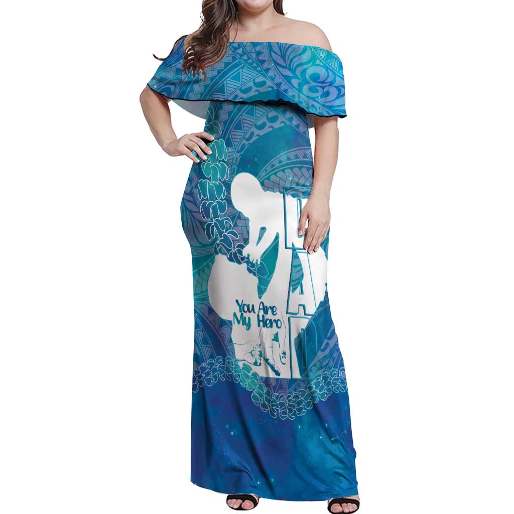 Turquoise Polynesia Father's Day Off Shoulder Maxi Dress Dad You Are My Hero LT14 Women Turquoise - Polynesian Pride