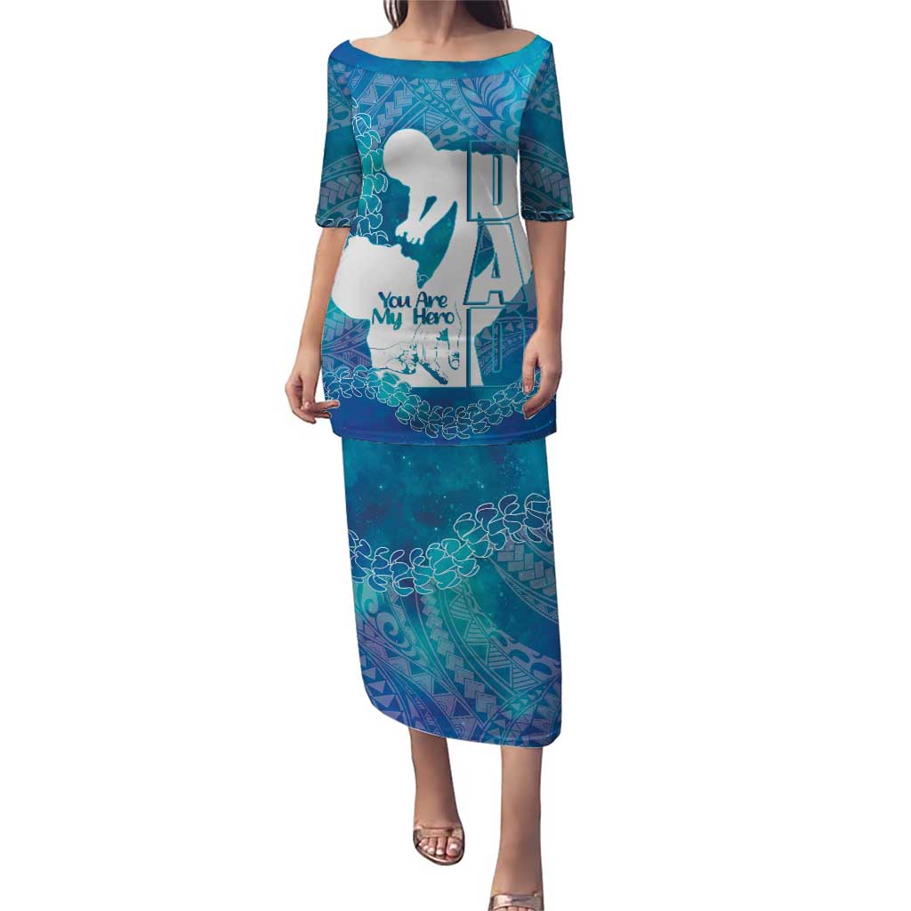 Turquoise Polynesia Father's Day Puletasi Dad You Are My Hero LT14 Long Dress Turquoise - Polynesian Pride