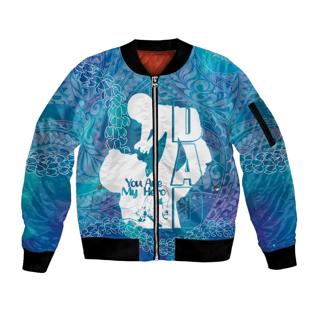 Turquoise Polynesia Father's Day Sleeve Zip Bomber Jacket Dad You Are My Hero LT14 Unisex Turquoise - Polynesian Pride