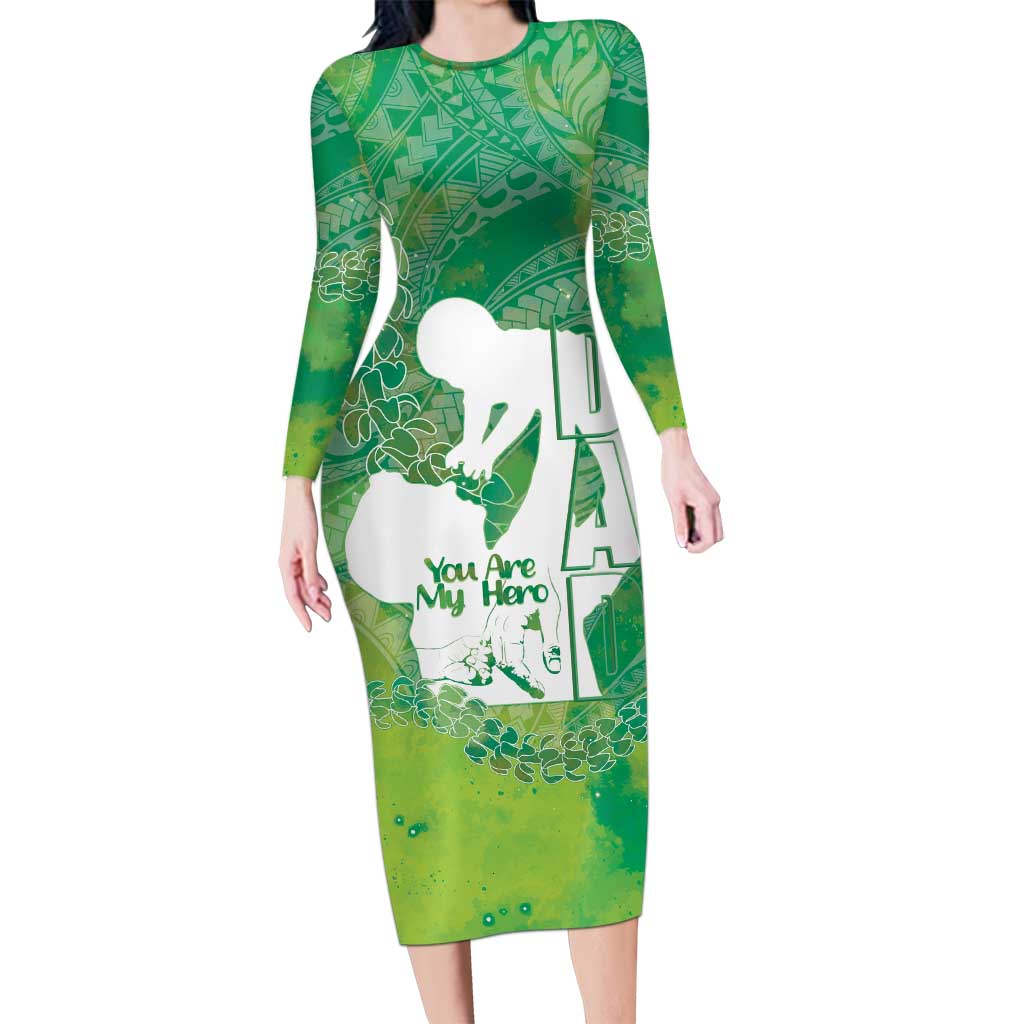 Green Polynesia Father's Day Long Sleeve Bodycon Dress Dad You Are My Hero LT14 Long Dress Green - Polynesian Pride