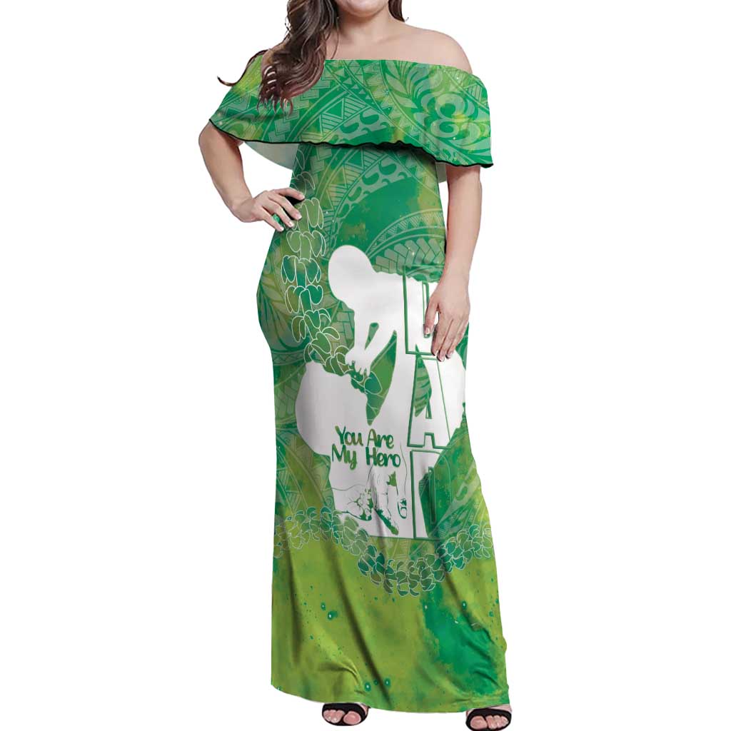 Green Polynesia Father's Day Off Shoulder Maxi Dress Dad You Are My Hero LT14 Women Green - Polynesian Pride