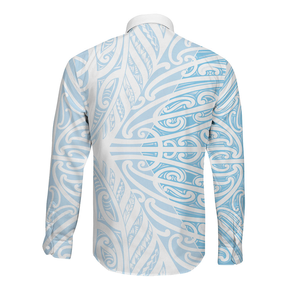 Blue New Zealand Puhoro Maori Tattoo Long Sleeve Button Shirt LT14 - Polynesian Pride