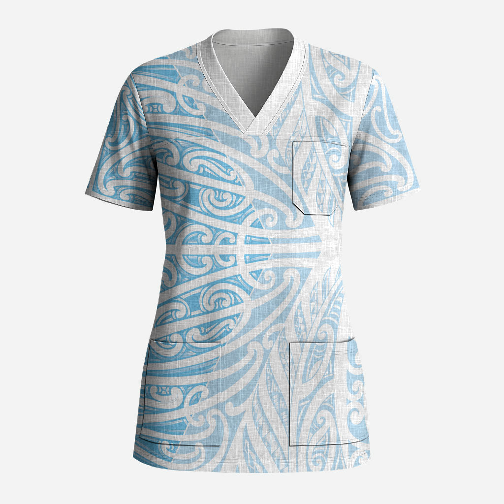 Blue New Zealand Puhoro Maori Tattoo Scrub Top LT14 Adult Blue - Polynesian Pride