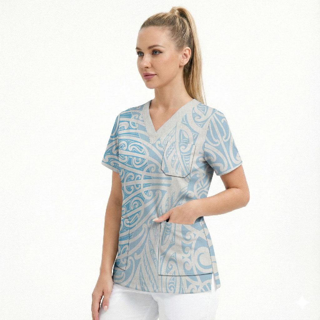 Blue New Zealand Puhoro Maori Tattoo Scrub Top LT14 - Polynesian Pride
