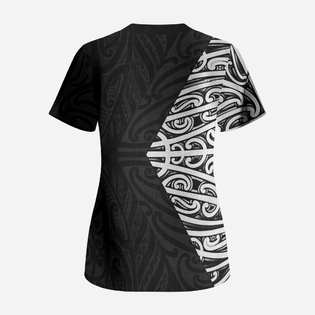 Black New Zealand Puhoro Maori Tattoo Scrub Top LT14 - Polynesian Pride
