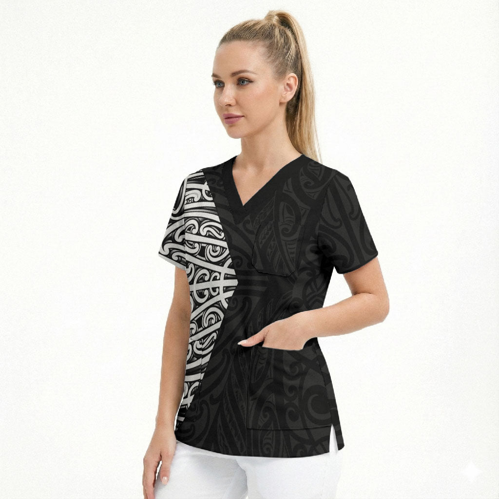 Black New Zealand Puhoro Maori Tattoo Scrub Top LT14 - Polynesian Pride