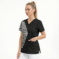 Black New Zealand Puhoro Maori Tattoo Scrub Top LT14 - Polynesian Pride
