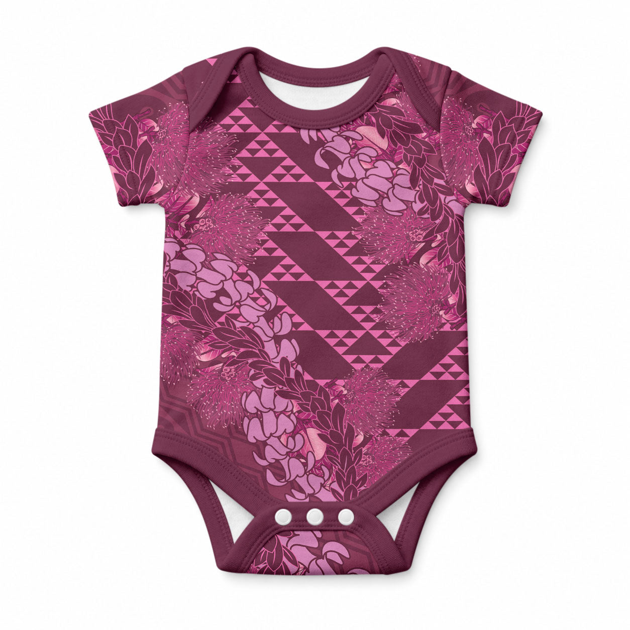 Pink Aloha Hawaii Baby Onesie Hawaiian Kakau Ohia Lehua Lei