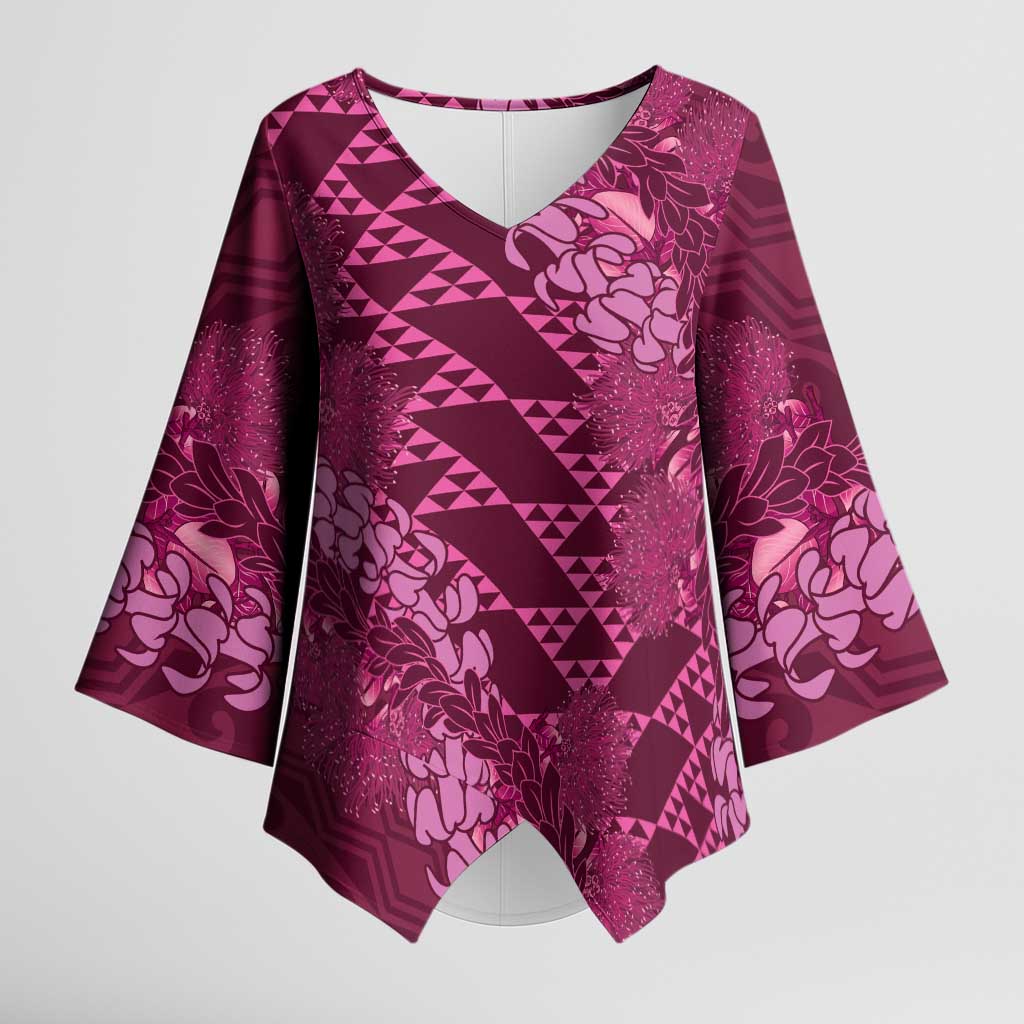 Pink Aloha Hawaii Kimono Sleeve Blouse Hawaiian Kakau Ohia Lehua Lei LT14 Female Pink - Polynesian Pride