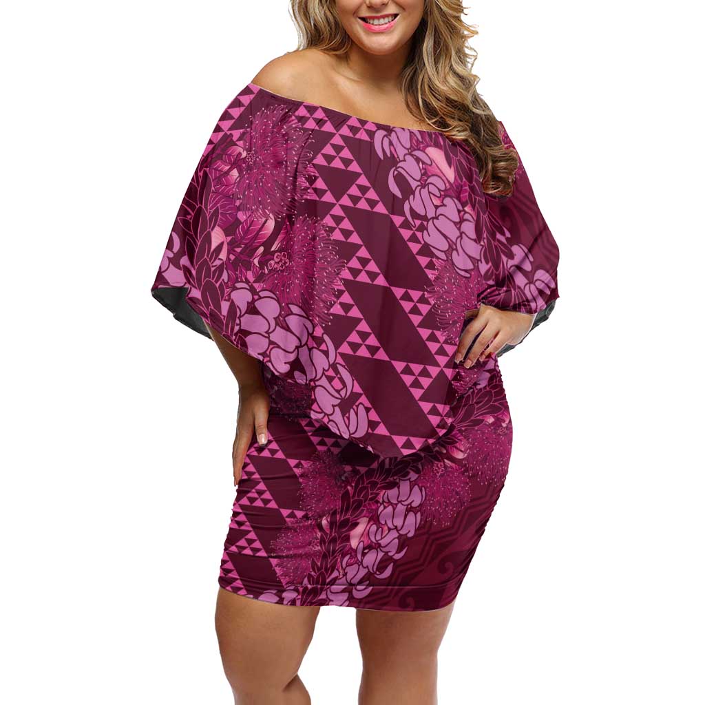 Pink Aloha Hawaii Off Shoulder Short Dress Hawaiian Kakau Ohia Lehua Lei LT14 Women Pink - Polynesian Pride