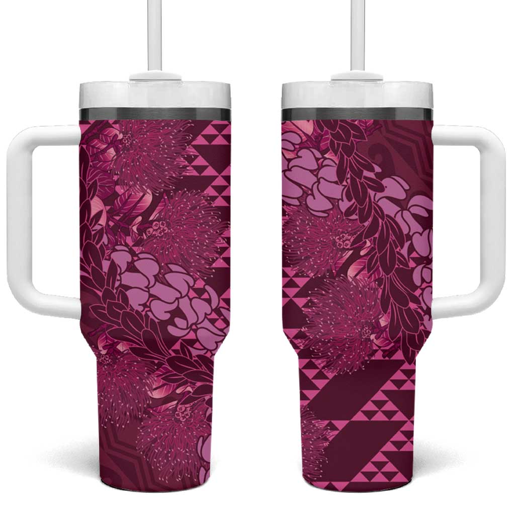 Pink Aloha Hawaii Tumbler With Handle Hawaiian Kakau Ohia Lehua Lei LT14 One Size: 40 oz Pink - Polynesian Pride