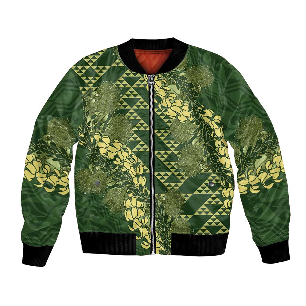 Green Aloha Hawaii Bomber Jacket Hawaiian Kakau Ohia Lehua Lei LT14 Unisex Green - Polynesian Pride