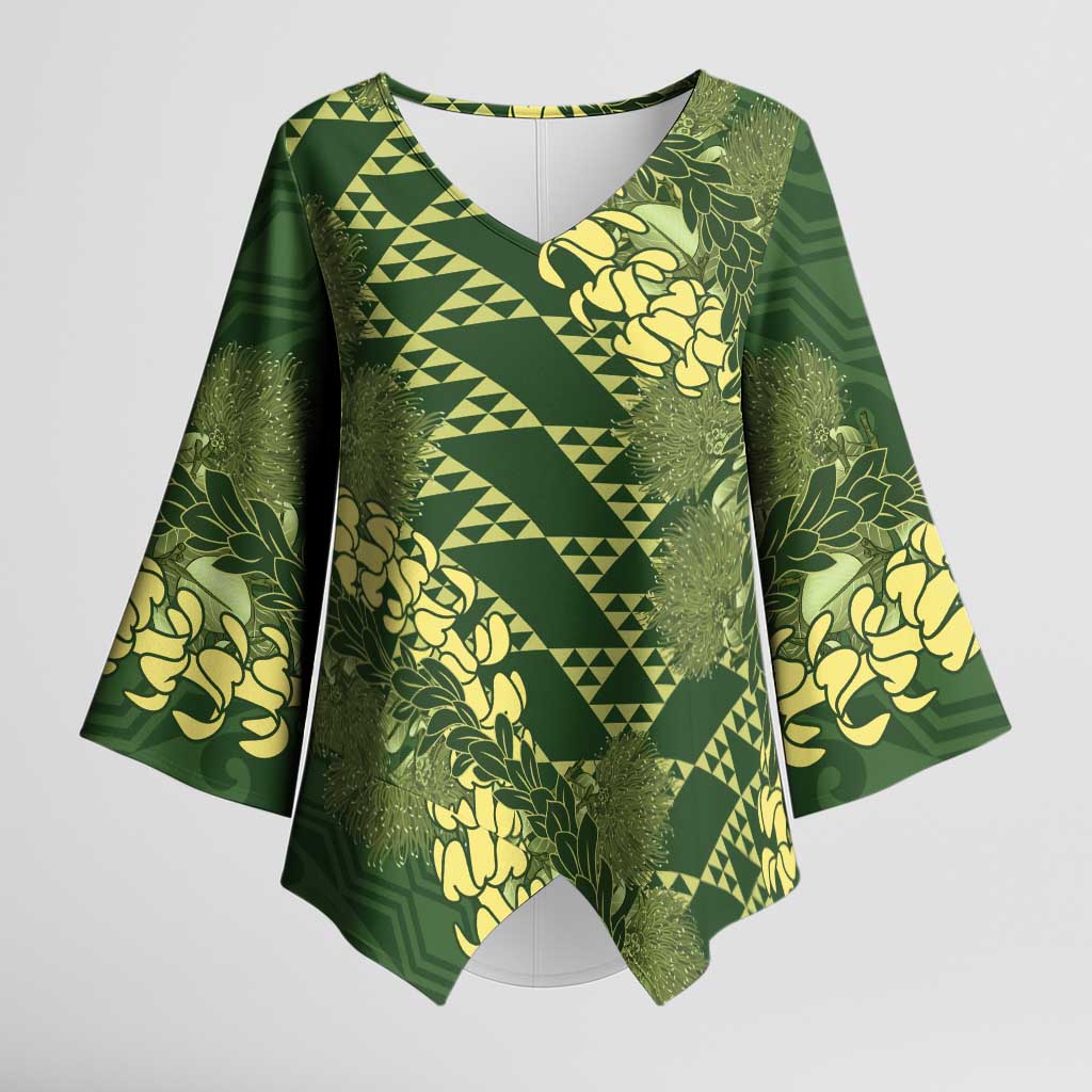 Green Aloha Hawaii Kimono Sleeve Blouse Hawaiian Kakau Ohia Lehua Lei LT14 Female Green - Polynesian Pride