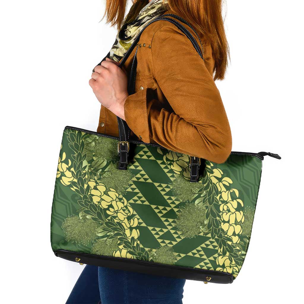 Green Aloha Hawaii Leather Tote Bag Hawaiian Kakau Ohia Lehua Lei LT14 Green - Polynesian Pride