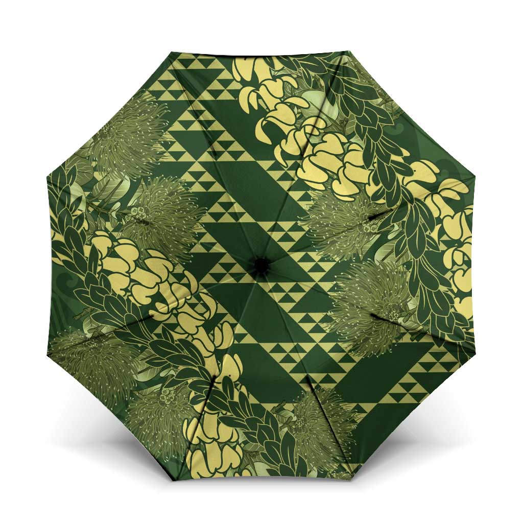 Green Aloha Hawaii Umbrella Hawaiian Kakau Ohia Lehua Lei LT14 One Size Folded 11.42 inch Opened Diameter 37.4 inch Green - Polynesian Pride