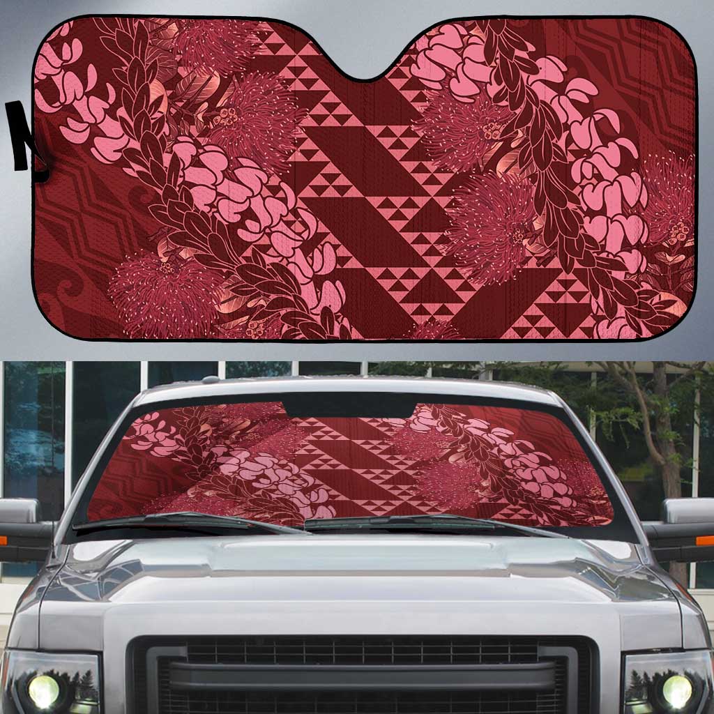 Maroon Aloha Hawaii Auto Sun Shade Hawaiian Kakau Ohia Lehua Lei LT14 Maroon - Polynesian Pride