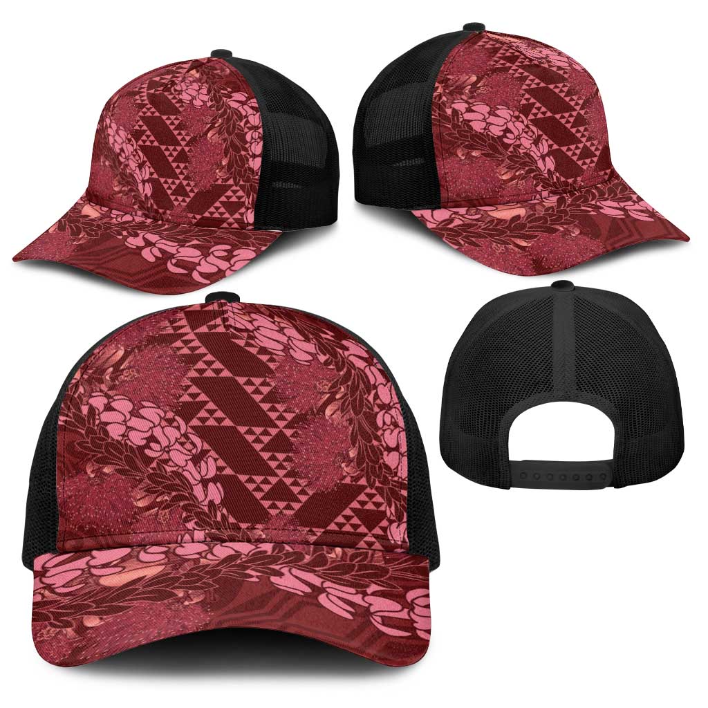 Maroon Aloha Hawaii Baseball Net Cap Hawaiian Kakau Ohia Lehua Lei LT14 - Polynesian Pride