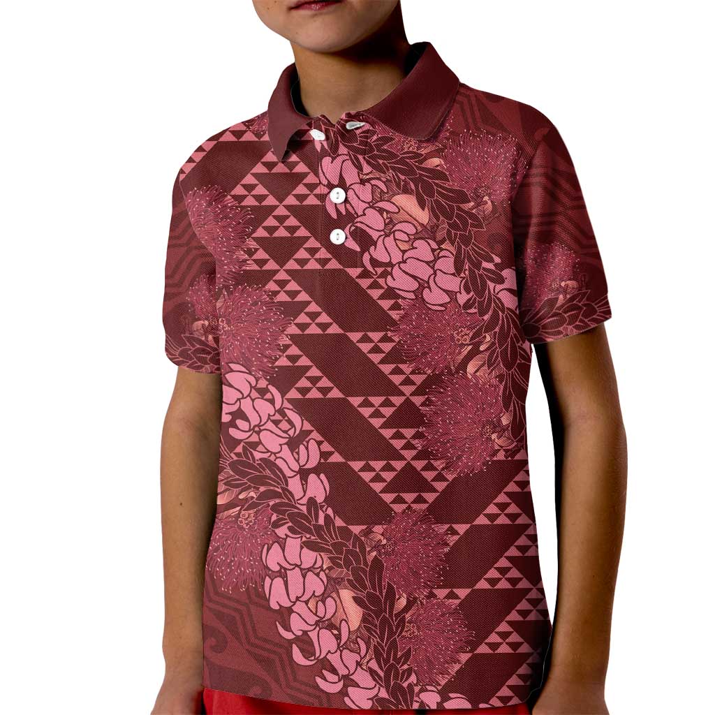 Maroon Aloha Hawaii Kid Polo Shirt Hawaiian Kakau Ohia Lehua Lei LT14 Kid Maroon - Polynesian Pride