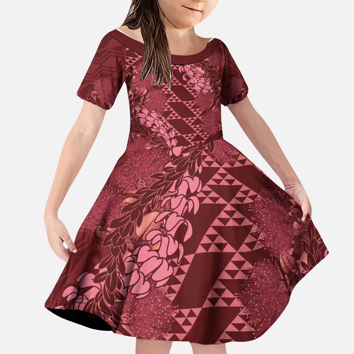 Maroon Aloha Hawaii Kid Short Sleeve Dress Hawaiian Kakau Ohia Lehua Lei LT14 KID Maroon - Polynesian Pride