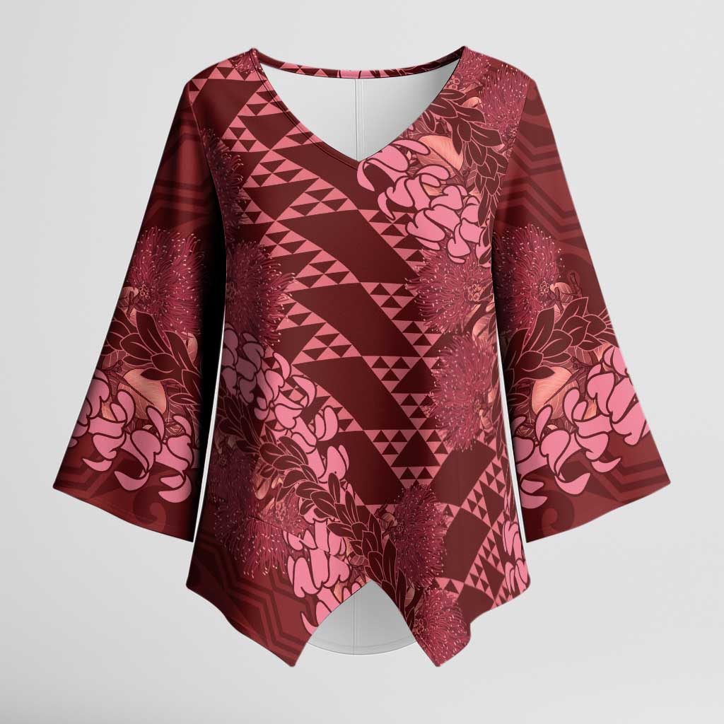 Maroon Aloha Hawaii Kimono Sleeve Blouse Hawaiian Kakau Ohia Lehua Lei LT14 Female Maroon - Polynesian Pride