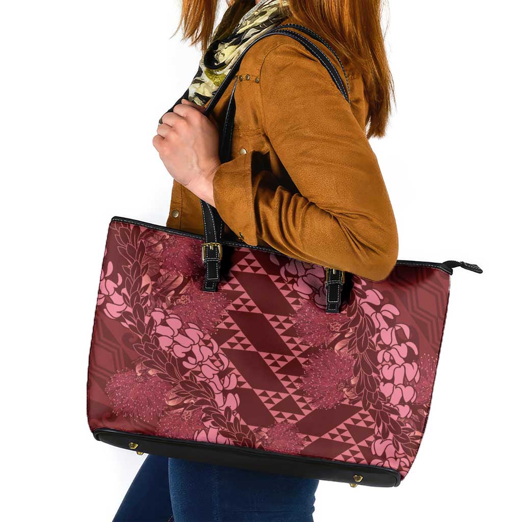 Maroon Aloha Hawaii Leather Tote Bag Hawaiian Kakau Ohia Lehua Lei LT14 Maroon - Polynesian Pride