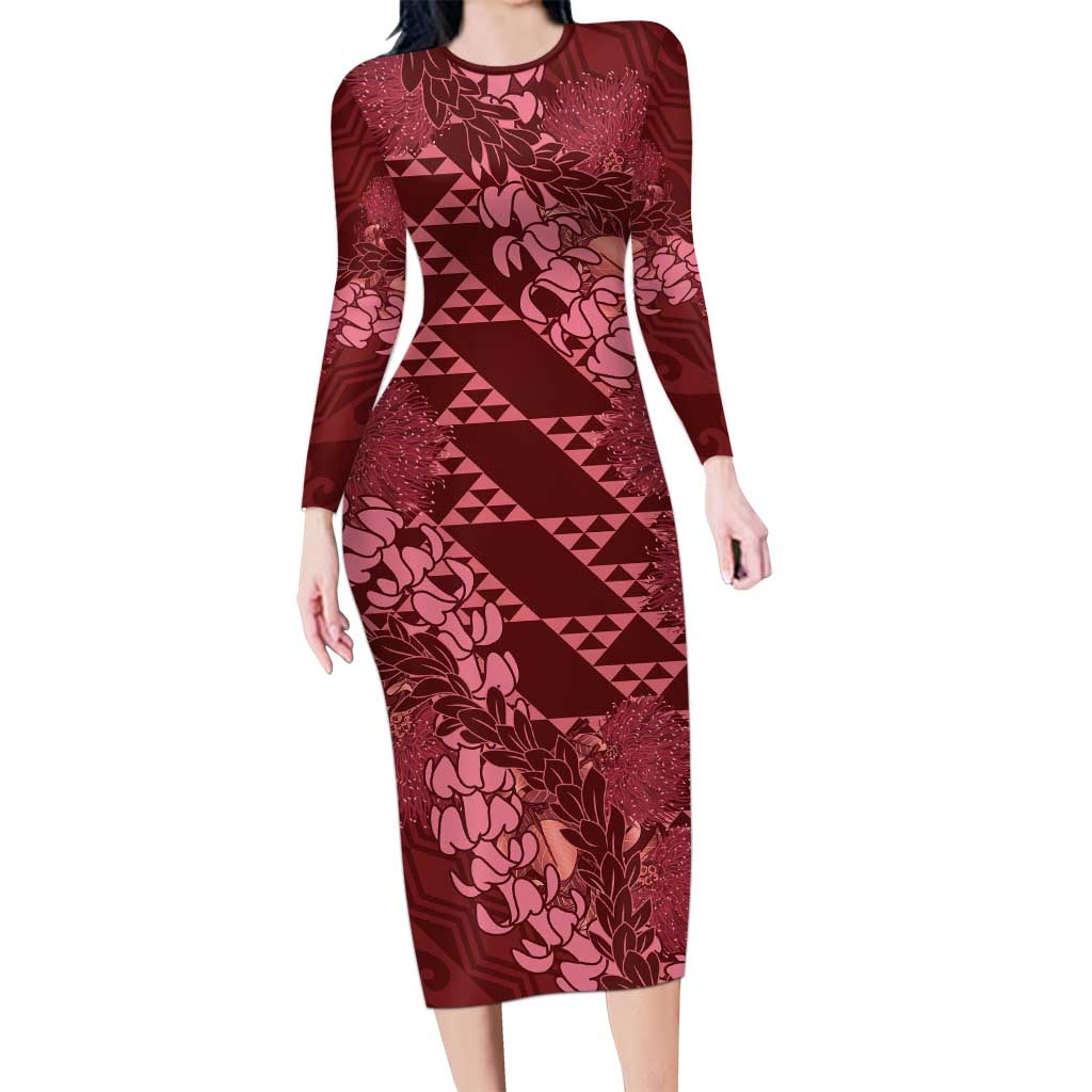 Maroon Aloha Hawaii Long Sleeve Bodycon Dress Hawaiian Kakau Ohia Lehua Lei LT14 Long Dress Maroon - Polynesian Pride