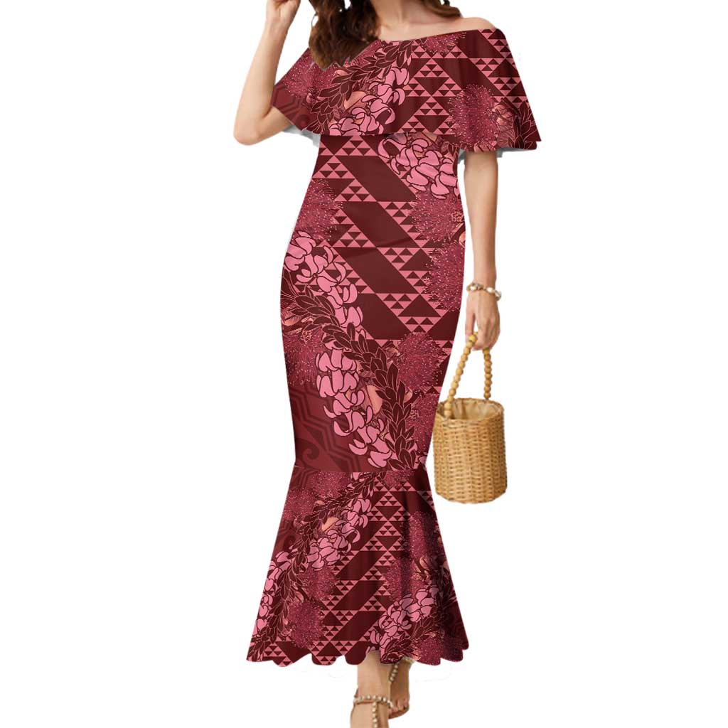 Maroon Aloha Hawaii Mermaid Dress Hawaiian Kakau Ohia Lehua Lei LT14 Women Maroon - Polynesian Pride