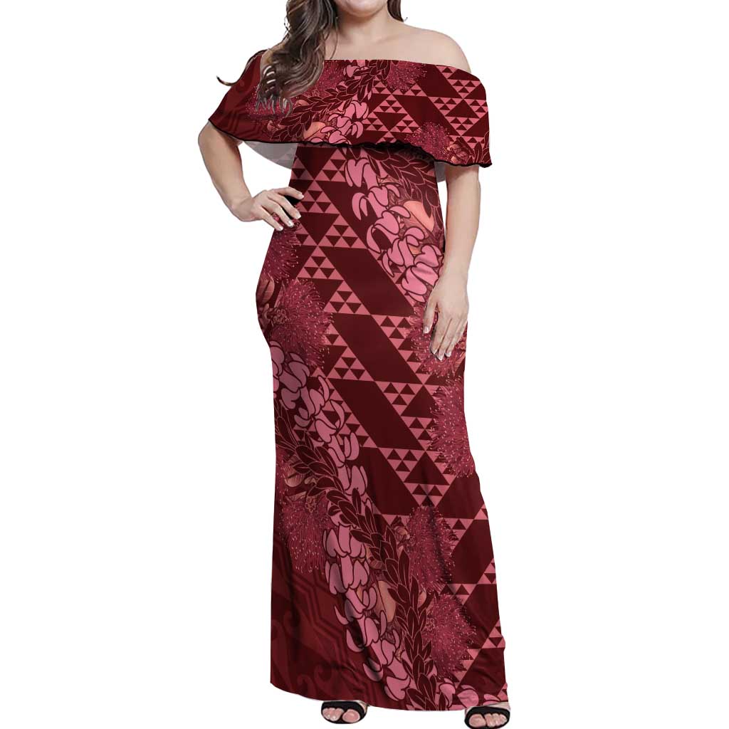 Maroon Aloha Hawaii Off Shoulder Maxi Dress Hawaiian Kakau Ohia Lehua Lei LT14 Women Maroon - Polynesian Pride