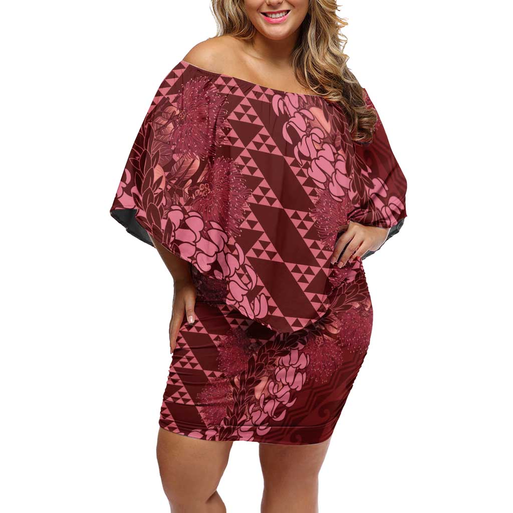 Maroon Aloha Hawaii Off Shoulder Short Dress Hawaiian Kakau Ohia Lehua Lei LT14 Women Maroon - Polynesian Pride