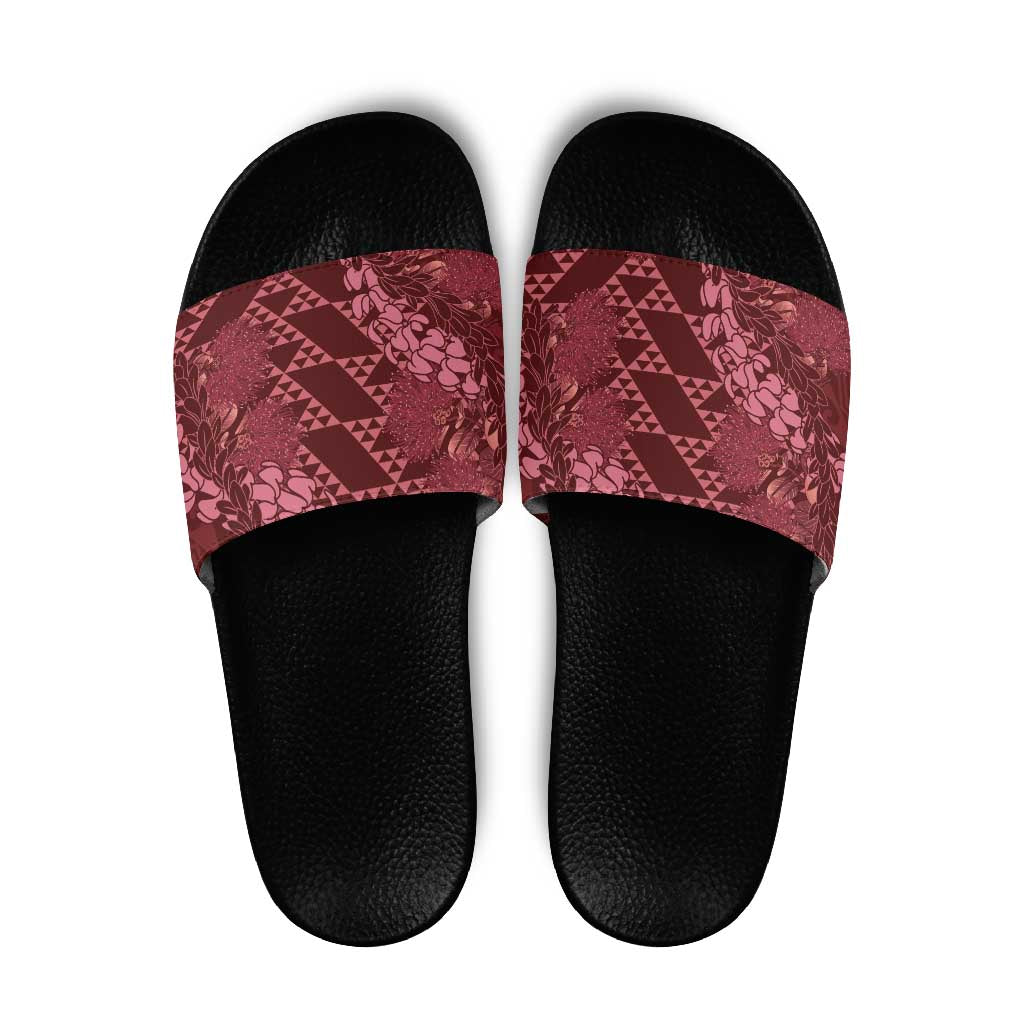 Maroon Aloha Hawaii Slide Sandals Hawaiian Kakau Ohia Lehua Lei LT14 Maroon - Polynesian Pride