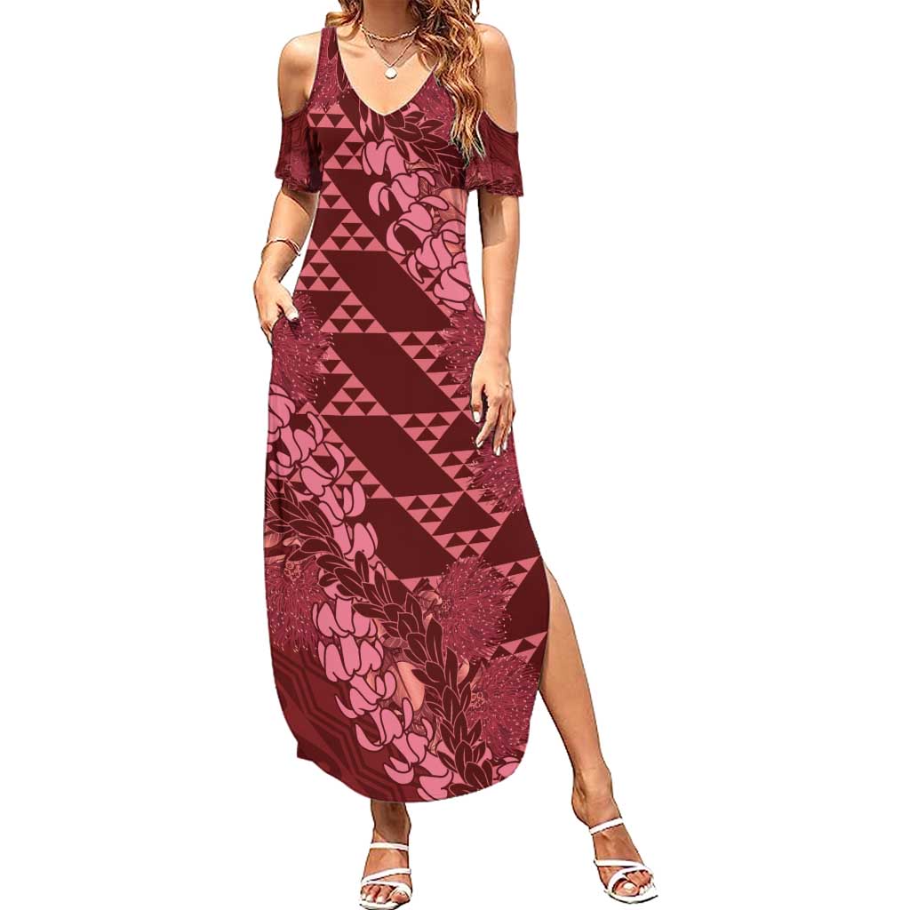 Maroon Aloha Hawaii Summer Maxi Dress Hawaiian Kakau Ohia Lehua Lei LT14 Women Maroon - Polynesian Pride