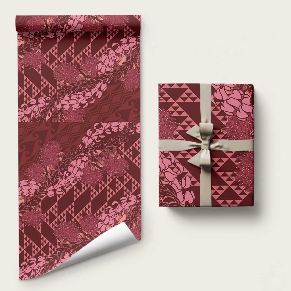 Maroon Aloha Hawaii Wrapping Paper Hawaiian Kakau Ohia Lehua Lei LT14 58" × 23" Maroon - Polynesian Pride