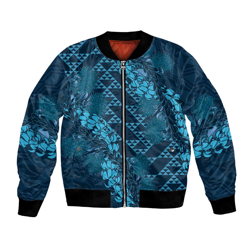 Naval Night Aloha Hawaii Bomber Jacket Hawaiian Kakau Ohia Lehua Lei LT14 Unisex Blue - Polynesian Pride
