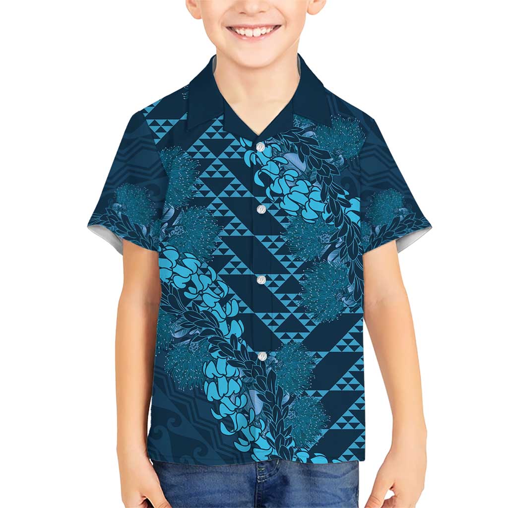 Naval Night Aloha Hawaii Kid Hawaiian Shirt Hawaiian Kakau Ohia Lehua Lei LT14 Kid Blue - Polynesian Pride