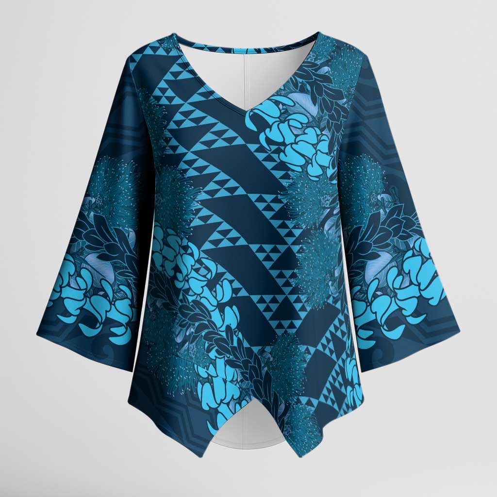 Naval Night Aloha Hawaii Kimono Sleeve Blouse Hawaiian Kakau Ohia Lehua Lei LT14 Female Blue - Polynesian Pride