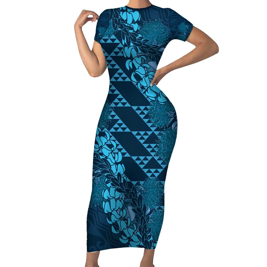 Naval Night Aloha Hawaii Short Sleeve Bodycon Dress Hawaiian Kakau Ohia Lehua Lei LT14 Long Dress Blue - Polynesian Pride