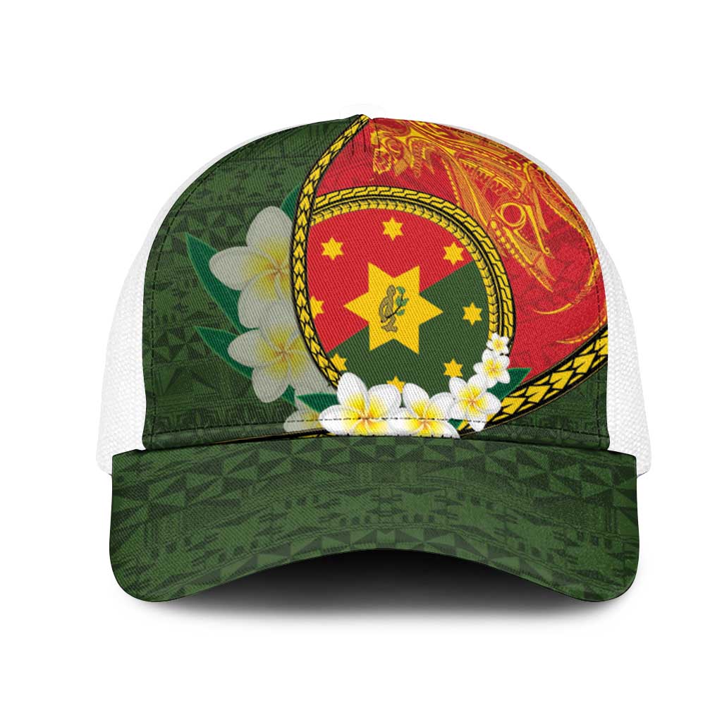 PNG Isten Hailans Provins Mesh Trucker Cap Papua New Guinea Plumeria Melanesian Pattern LT14 One Size White Green - Polynesian Pride