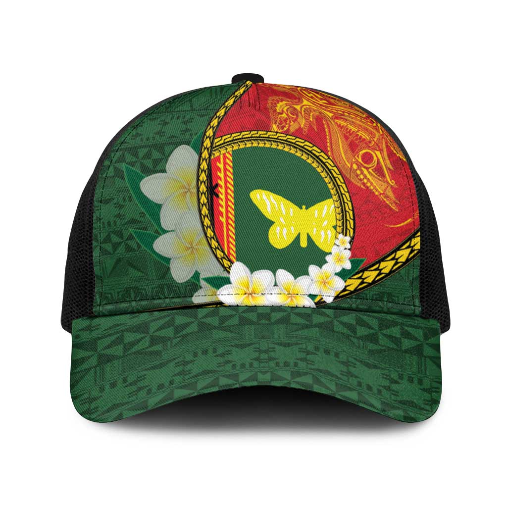 PNG Oro Provins Baseball Net Cap Papua New Guinea Plumeria Melanesian Pattern LT14 One Size Black Green - Polynesian Pride