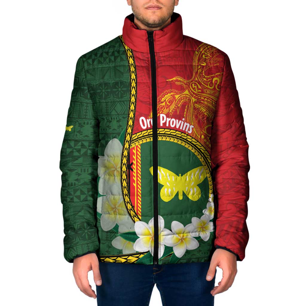 Personalised PNG Oro Provins Padded Jacket Papua New Guinea Plumeria Melanesian Pattern LT14 Green - Polynesian Pride